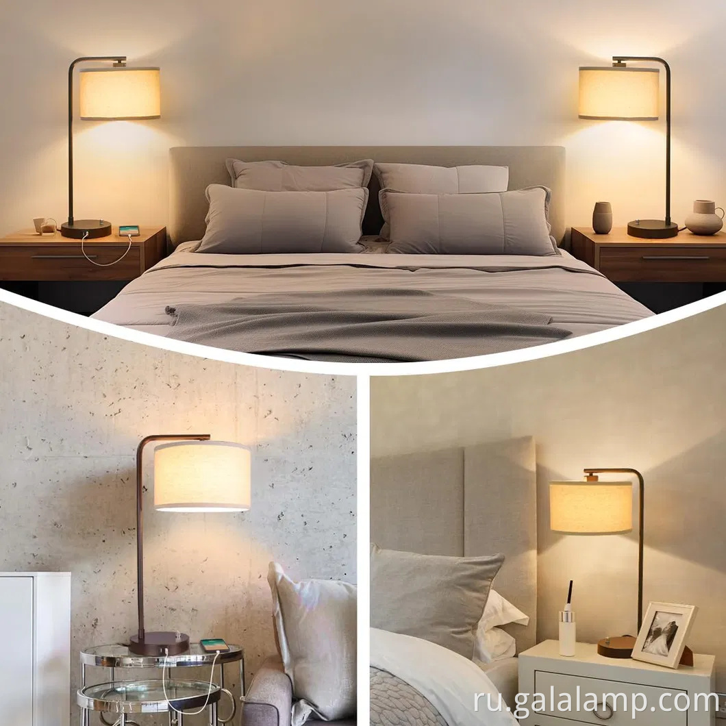 Современная USB -зарядка прикроватная лампа с льняным оттенком